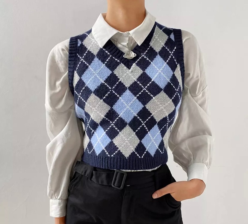 Checkered sweater vest cardigan blue and grey argile Etsy