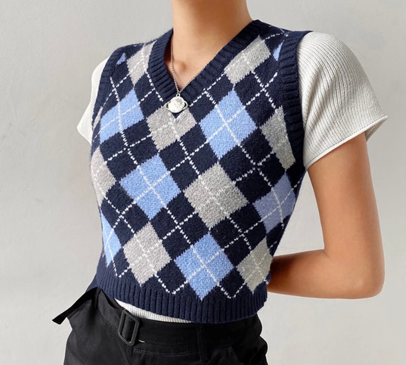 Checkered sweater vest cardigan blue and grey argile Etsy