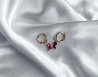 18kt Gold Plated red ruby Gemstone/Precious Stone Pendant huggie hoop earrings - 100% waterproof and tarnish free - perfect for gifting