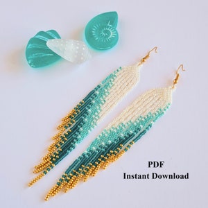 Beaded fringe earring Diy, bead weaving pdf digital pattern, green gradient long earring pattern