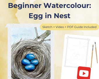 Beginner Watercolour Blue Eggs in Nest Tutorial – Beginner Spring Painting with Sketch, Step-by-Step Guide & Video. Spring or Easter