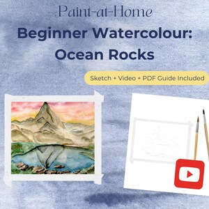 May include: A watercolor painting kit for beginners, featuring a landscape of ocean rocks. The kit includes a sketch, video, and PDF guide. The image shows a finished painting and a blank sketch with a YouTube icon.