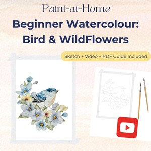 May include: Watercolor painting kit for beginners, featuring a blue bird and wildflowers. The kit includes a sketch, video tutorial, and PDF guide. The image also shows a YouTube logo.