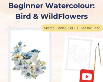Beginner Watercolour: Bird on Blossoms | Spring Floral Painting with Printable Sketch + Guided Video + PDF Tips