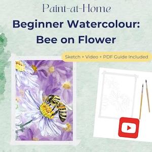 Aquarelle pour débutants : abeille et fleurs violettes | Apprenez à peindre avec une vidéo étape par étape, un croquis et un guide PDF