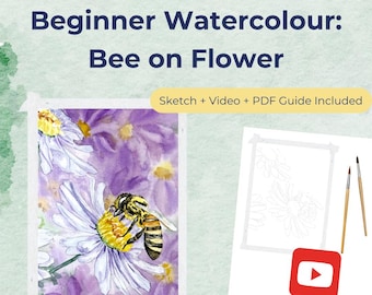 Beginner Watercolour: Bee and Purple Flowers | Learn to Paint with Step-by-Step Video, Outline Sketch and PDF Guide