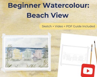 Beginner Watercolour Beachfront Tutorial | Paint-at-Home Coastal Scene with Chairs | Step-by-Step PDF + Sketch