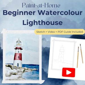 May include: A watercolor painting kit for beginners, featuring a lighthouse scene. The kit includes a sketch, video tutorial, and PDF guide. The lighthouse is red and white, set against a blue sky and ocean. The text "Paint-at-Home Beginner Watercolour Lighthouse" is at the top.