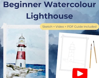 Beginner Watercolour Lighthouse Painting Tutorial | PDF Guide + Sketch + Step-by-Step Video | Easy Paint-at-Home Project