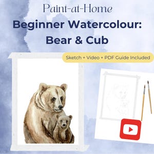 Zelfstudie aquarel beer en welp – stapsgewijze pdf + video | Schilderij van ouder- en babydieren | Afdrukbare kunstles voor beginners