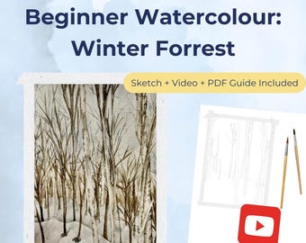 Winter Forest Watercolour Tutorial for Beginners – Printable Sketch & Step-by-Step Guide – No Drawing Needed – Snowy Tree Landscape Painting