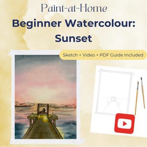 Könnte beinhalten: Ein Aquarellmal-Set mit dem Titel "Paint-at-Home Beginner Watercolour: Sunset". Das Bild zeigt eine Sonnenuntergangsszene über dem Wasser, eine Skizze, ein Video und eine PDF-Anleitung. Das Set enthält eine Skizze, ein Video und eine PDF-Anleitung.