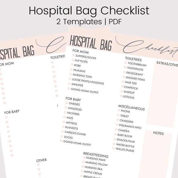 Hospital Bag Checklist, Hospital Bag for Mom, Checklist Template, US Letter, Instant Download