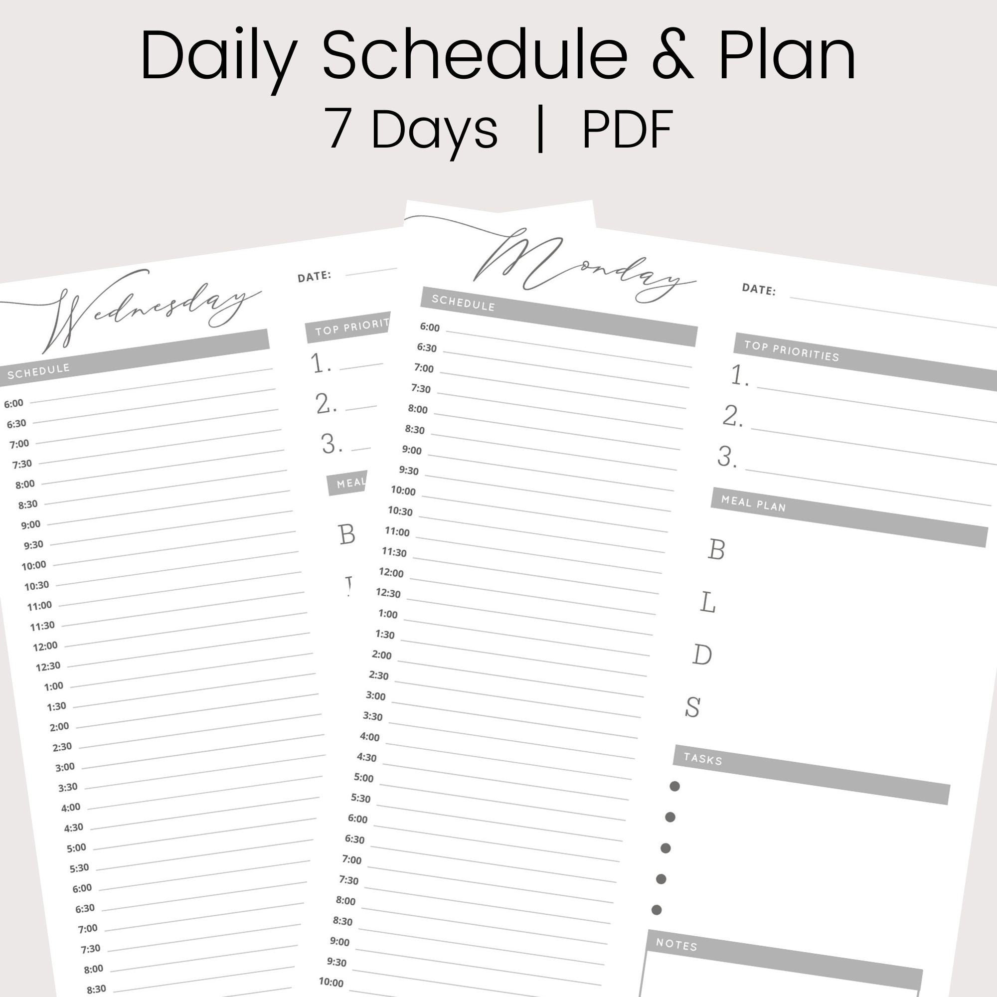 Daily schedule printable daily planner grey us letter instant