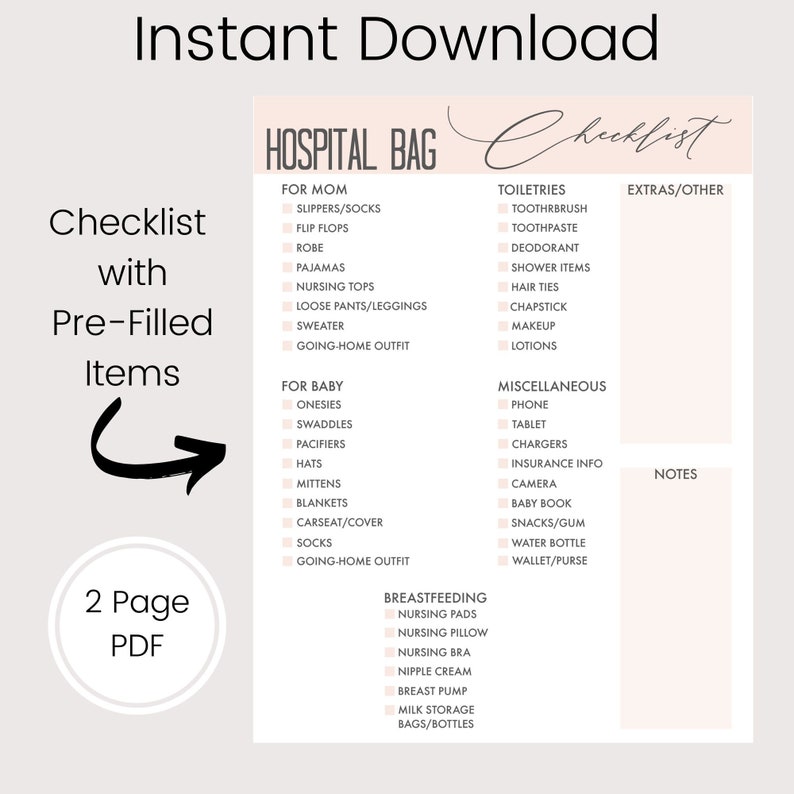Hospital Bag Checklist, Hospital Bag for Mom, Checklist Template, US ...