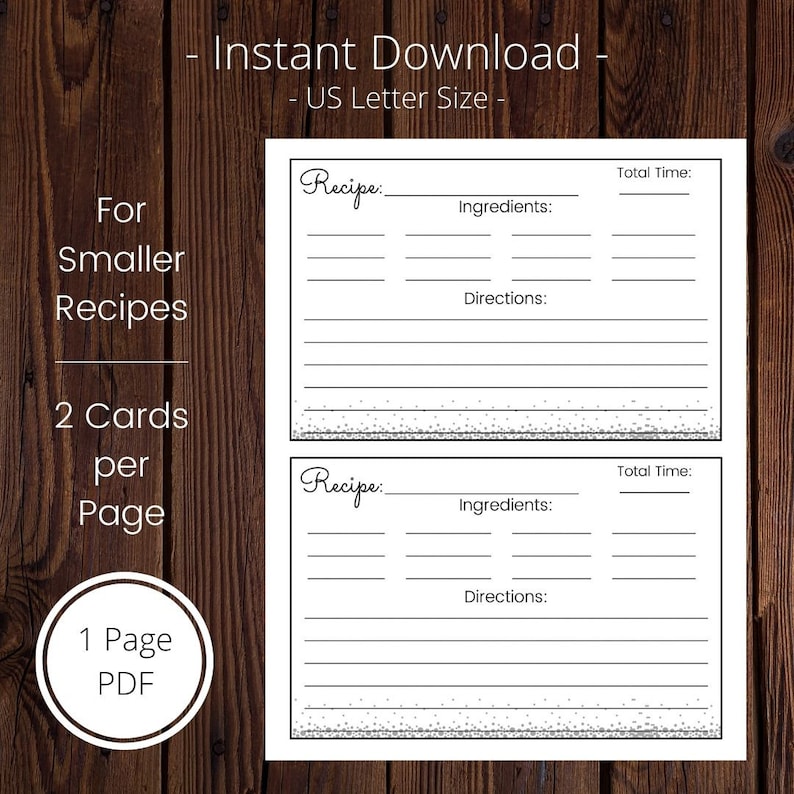 Recipe Card, Half Page, US Letter, Instant Download - Etsy