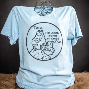 Dorothy and Toto on Unisex sized heather light blue t-shirt. Based on Wizard of Oz