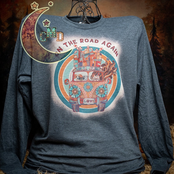 On the road again - vintage print of a hippie van with personalized dogs on bleached long sleeve t-shirt in dark gray