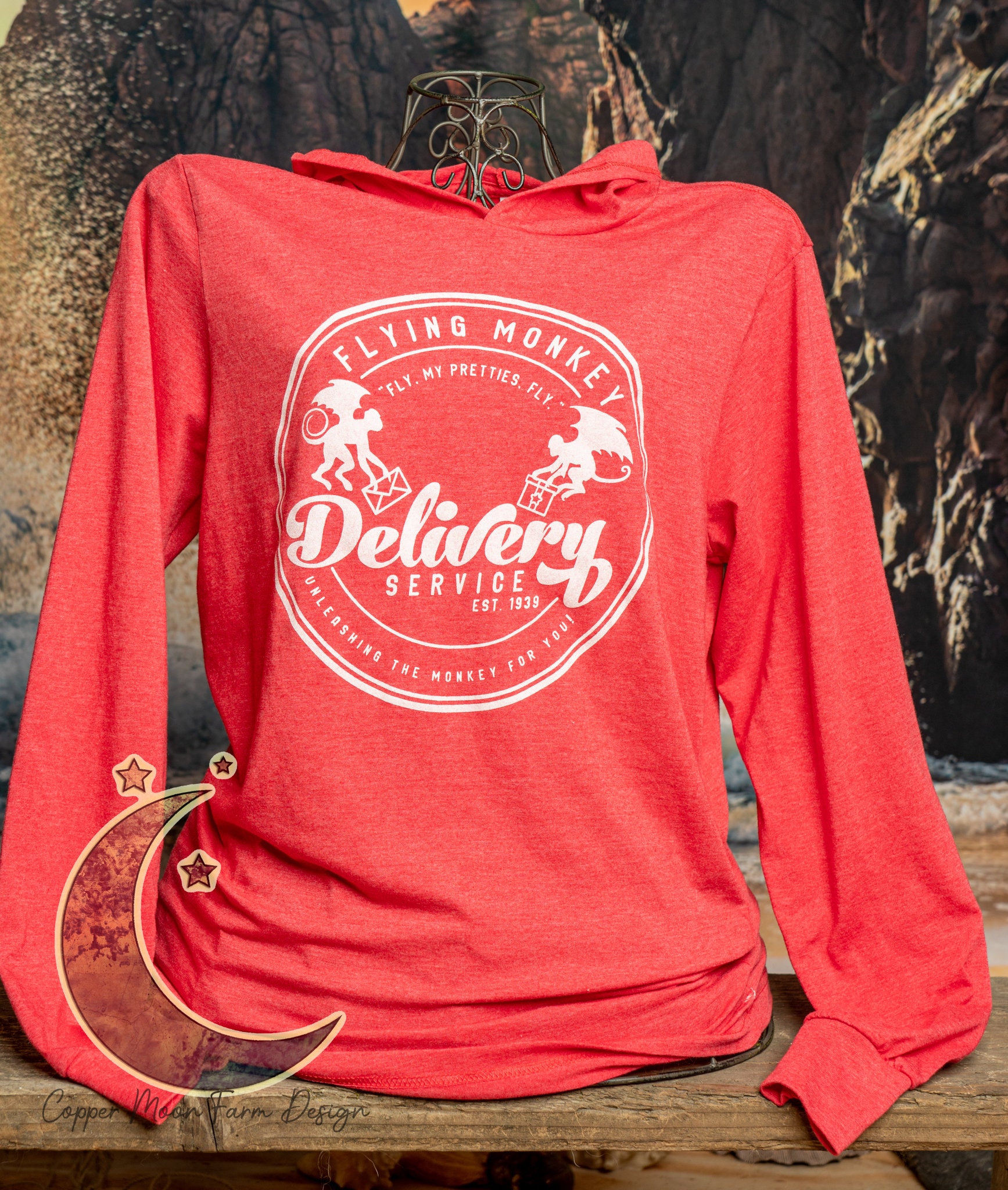 Flying Monkey Delivery Service Screen Printed on Long Sleeved, Hooded T ...