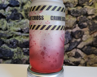 Frosted 16 oz glass can with bamboo top and straw - Crime scene with blood and shadowy figure