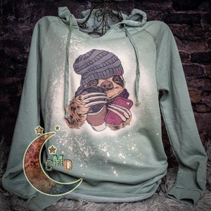 Hipster Sloth with Coffee/Chai cup and phone on bleached, super soft, light weight sweatshirt hoodie