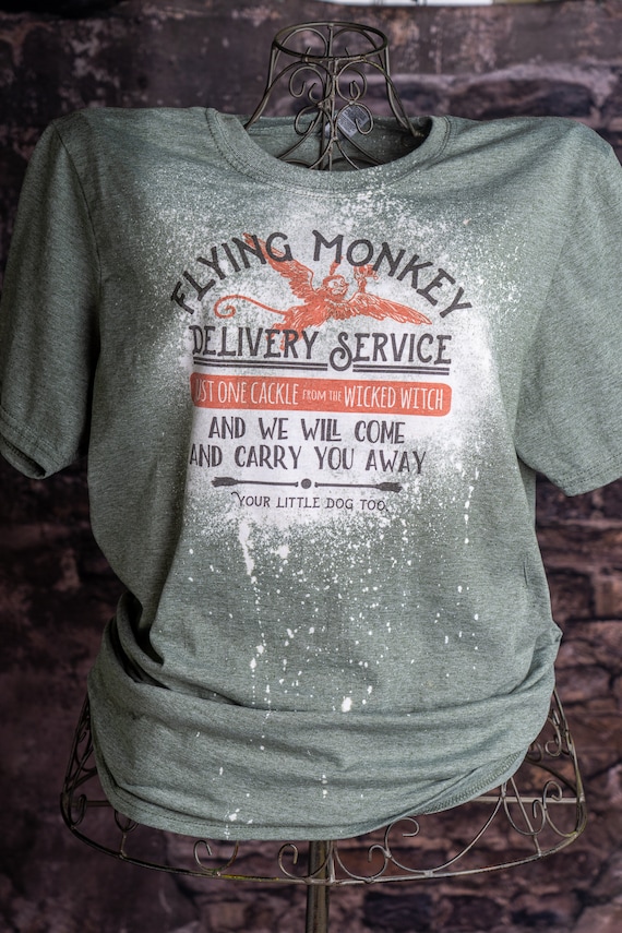 Flying Monkey Delivery Service on Bleached T-shirt in Heather