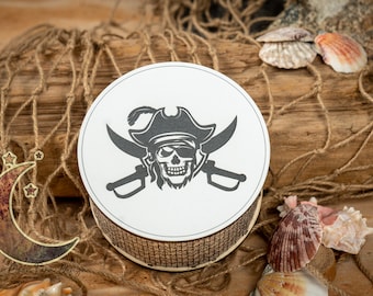 5" Round wooden box with Pirate and Swords on the fitted lid.