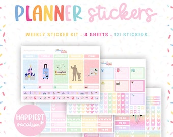 Planner Stickers Happiest Vacation Disneyworld Disneyland - Kit with 4 Sticker Sheets & 121 Stickers