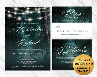 Fairytale Forest Wedding Set, Instant Downloadable Wedding Invitation, RSVP & Detail Card Template, Happily Ever After Enchanted Forest