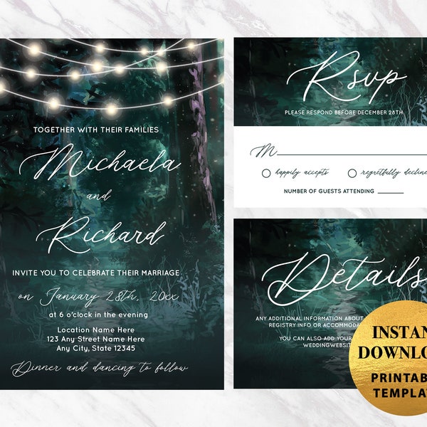 Fairytale Forest Wedding Set, Instant Downloadable Wedding Invitation, RSVP & Detail Card Template, Happily Ever After Enchanted Forest