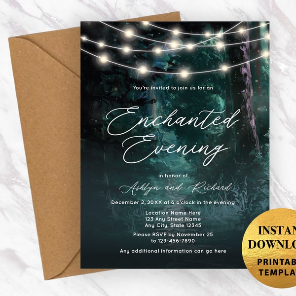 Fairytale Dark Enchanted Forest and Glowing Lights Printable Invitation Template For Storybook and Fantasy Themed Engagement Parties