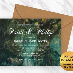 Editable Magical Enchanted Forest Invitation Template Wedding Shower Card, Fantasy Scene Fairytale & Medieval Storybook Wedding Themed Party