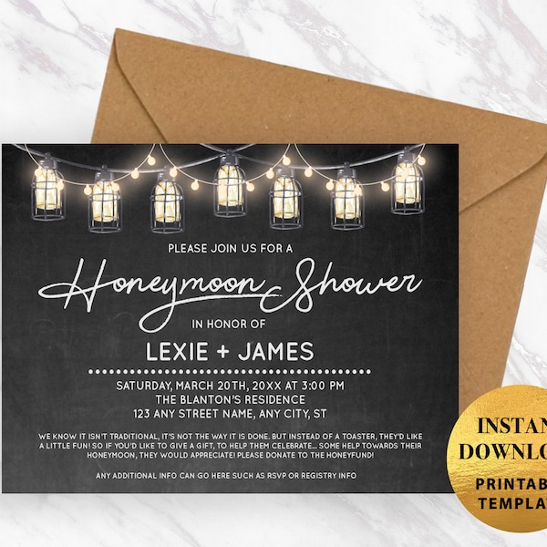 Huwelijksreis douche lantaarn verlicht direct downloadbare uitnodigingssjabloon, bewerkbare afdrukbare douchekaart voor koppels, doneer aan ons honingfonds
