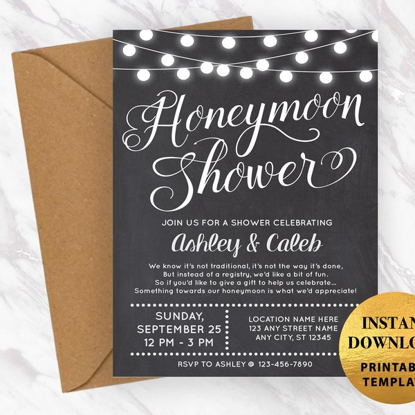 String Lights Honeymoon Shower Invitation, Easy Editable Template for Couple's Shower & Engagement Party, Donate to Our Honeyfund Wording