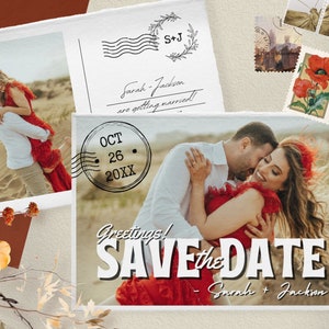 Plantilla editable para guardar la fecha de una postal vintage, tarjeta de felicitación vintage, tarjeta para guardar la fecha con una foto de un viaje retro, tarjeta con foto de boda imprimible