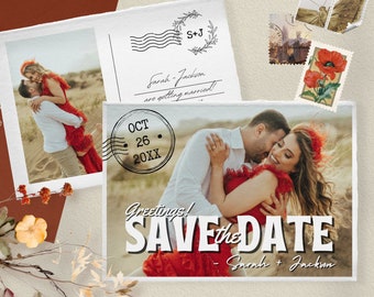Editable Vintage Postcard Save the Date Template, Vintage Greeting Card, Retro Travel Photo Save the Date, Printable Wedding Photo Card