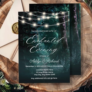 May include: An invitation to an Enchanted Evening in honor of Ashlyn & Richard. The invitation features a dark green and blue forest scene with string lights and the text "Enchanted Evening" in a cursive font.
