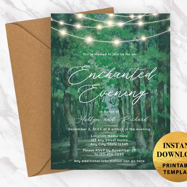 Enchanted Evening, Misty Enchanted Forest and Twinkling Lights Invitation For Fairytale Weddings, Happily Ever After Honeymoon Shower Card