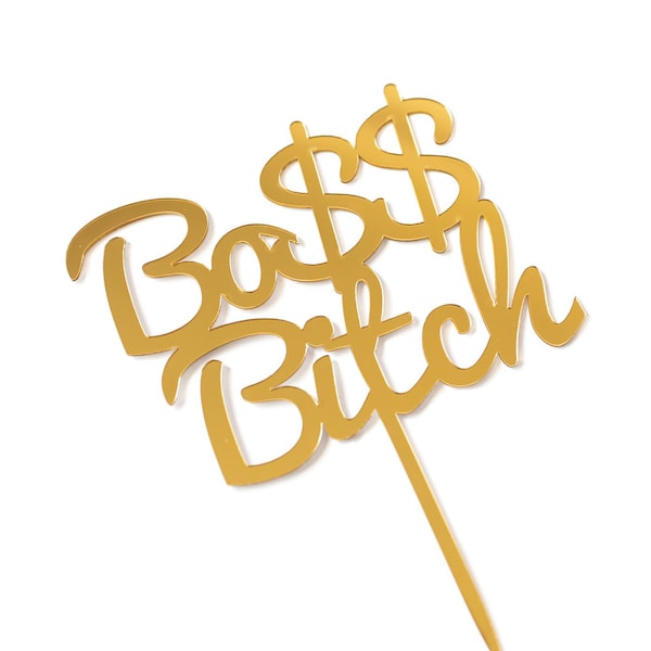 Boss Bitch Cake Topper- Cursive Gold Acrylic Boss Bitch Cake Topper for Celebrations, Parties, Quarantine Birthdays, Fun Cake Topper