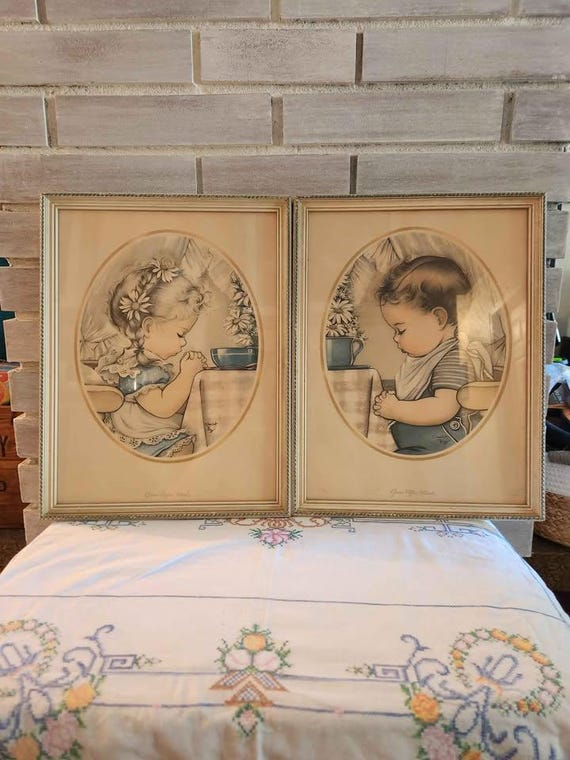 Vintage Praying Children, Mid-Century Framed Print Set –Wall Art by Charlot Byj