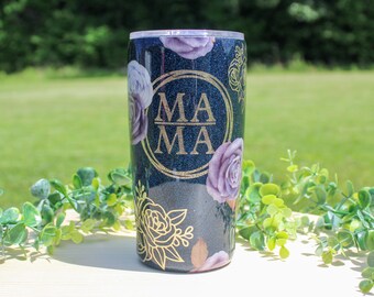 Eleganter MAMA Becher - 20 Unzen Epoxy Glitter Cup | Blaue Rose Blumen | Geschenk für Mamas