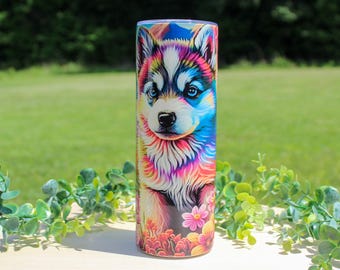 Bunter Husky Becher - 20 Unzen dünner Sublimiert | Lebendiges Hunde- und Blumenmuster