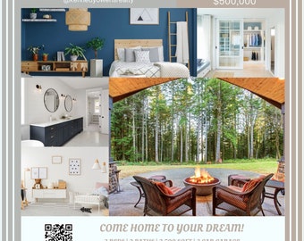 May include: A collage of images showcasing a house for sale. The images include a bedroom, bathroom, outdoor patio with a fire pit, and a living room. The text on the image reads "Kennedy Owens, kowens@realtyco.com, @kennedyowensrealty, 1234 Main St, City, WA 12345, $500,000, COME HOME TO YOUR DREAM!, 3 BEDS | 2 BATHS | 2,500 SQFT | 3 CAR GARAGE, SCAN THE QR CODE FOR FULL LISTING DETAILS."