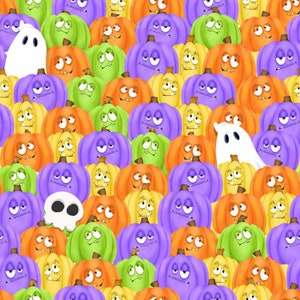 May include: A colorful pattern of purple, green, orange, and yellow cartoon ghosts with various facial expressions. The ghosts are arranged in a repeating pattern.