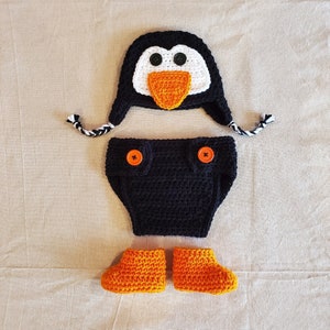 Handmade Crochet Penguin Hat, Booties & Diaper Cover Baby Set