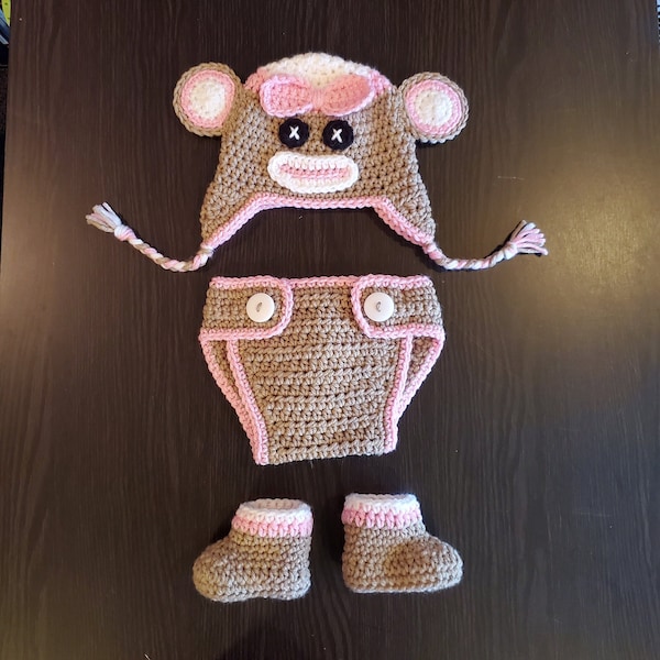 Handmade Crochet "Sock Monkey Girl" Hat, Booties, Diaper Cover and Lovey-sized Blanket Baby Set