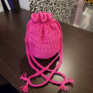 Handmade Crochet Fuchsia Drawstring Bag Purse