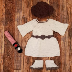 Handmade Crochet Princess Leia Hair-Hat, Dress, Booties & Lightsaber Baby Set