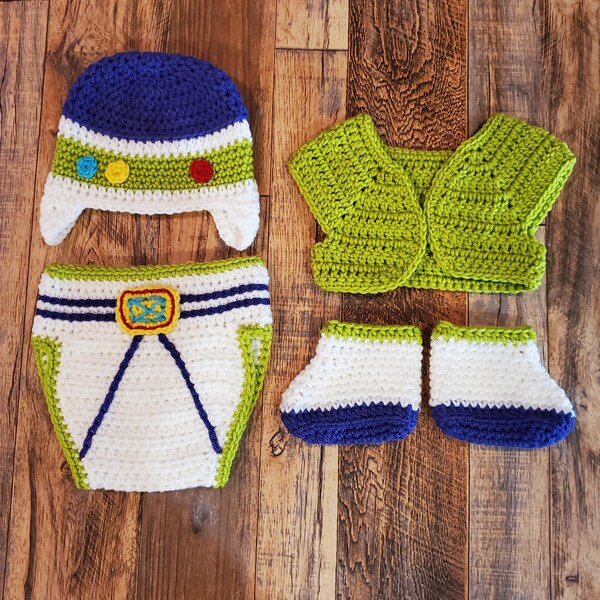 Handmade Crochet Buzz Lightyear Baby Costume / Photo Prop Outfit with Hat, Vest, Booties and Diaper Cover
