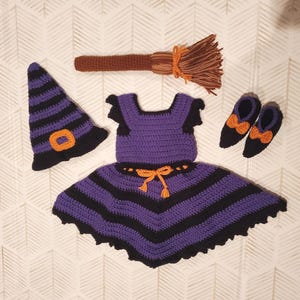 Handmade Crochet Spooky Baby Witch Outfit Set with Dress, Hat, Shoes and Broom